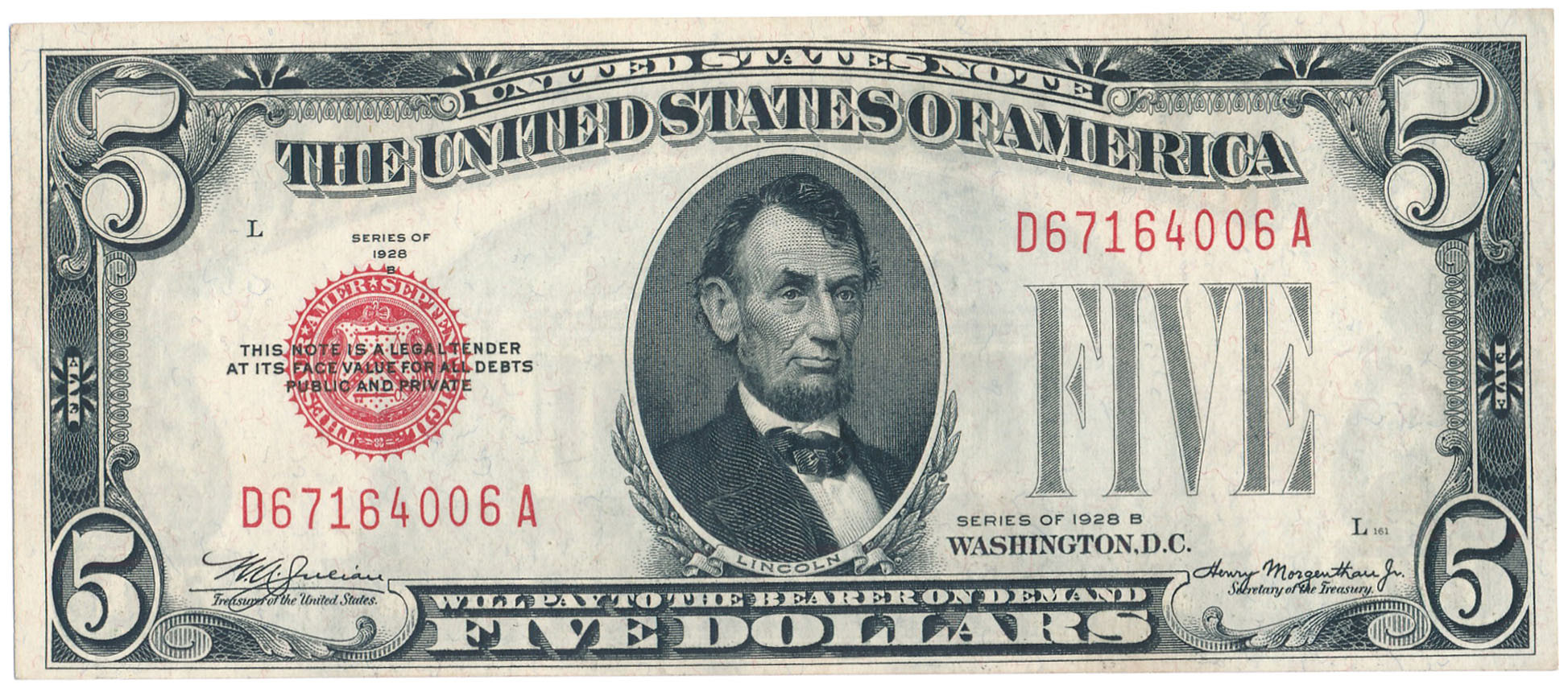 USA. 5 dolarów 1928 red seal seria DA